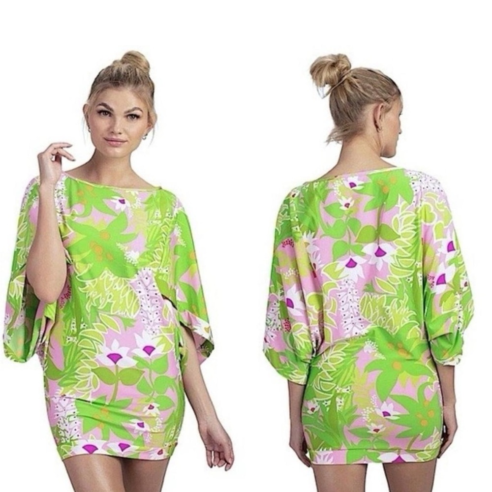 Trina Turk Dress Tunic Pink Lime Green Floral Split Kimono Sleeve Small Resort